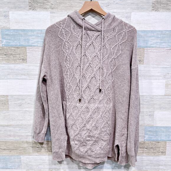 Garnet Hill Cashmere Cable Front Hoodie Tunic Sweater Gray Pockets Womens Large - Picture 1 of 9